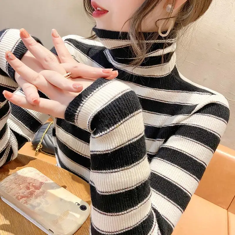 Top Trends: Fashion Turtleneck Knitted Spliced Korean Striped Sweater Women's Clothing 2022 Autumn New Casual Pullovers All-match Warm Tops Shoppable Styles