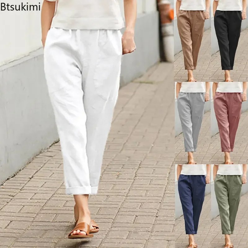 Top Trends: Spring Summer Women's Cotton Linen Trousers Pants Solid Elastic Waist Oversized Pants Women Straight White Homewear Trousers 5XL Shoppable Styles