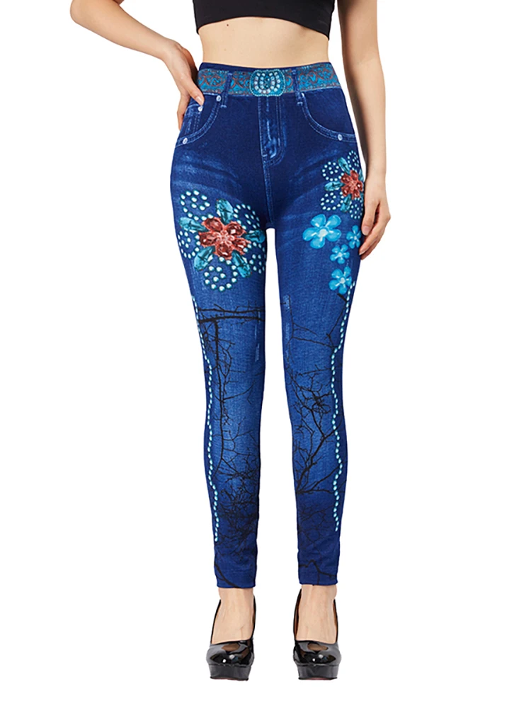 Top Trends: CUHAKCI Blue Five Petaled Flower Print Women Legginggs Fake Pocket Casual Slim Fit Pencil Pants Faux Denim Workout Yoga Jeggings Shoppable Styles