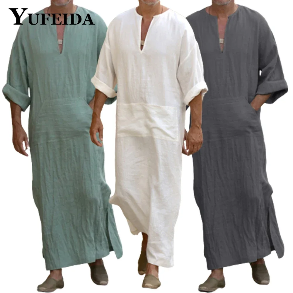 Top Trends: YUFEIDA Men Long Linen Jubba Thobe Kaftan Muslim Arab Islamic V-neck Long Sleeve Solid Cotton Linen Robe Muslim Arabia Man Abaya Shoppable Styles