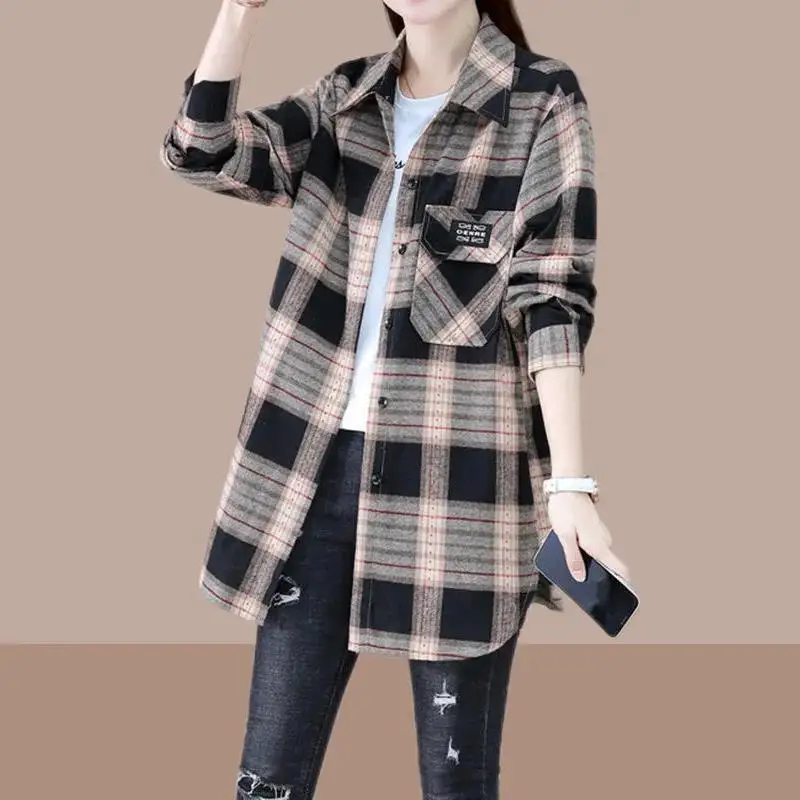 Top Trends: Spring Autumn New Street Casual Loose Plaid Blouse Long Sleeve Polo Neck All-match Shirt Tops Vintage Fashion Women Clothing Shoppable Styles