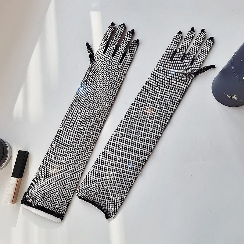 Top Trends: New Women Sexy Elastic Rhinestones Mesh Full Finger Gloves Flash Diamond Fishing Net Punk Nightclub Stage Performance Long Glove Shoppable Styles - Image 6