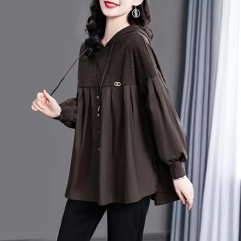 Top Trends: Fashion Hooded Lace Up Irregular Lantern Sleeve Blouse Women Clothing 2023 Autumn Winter New Oversized Casual Tops Korean Shirt Shoppable Styles