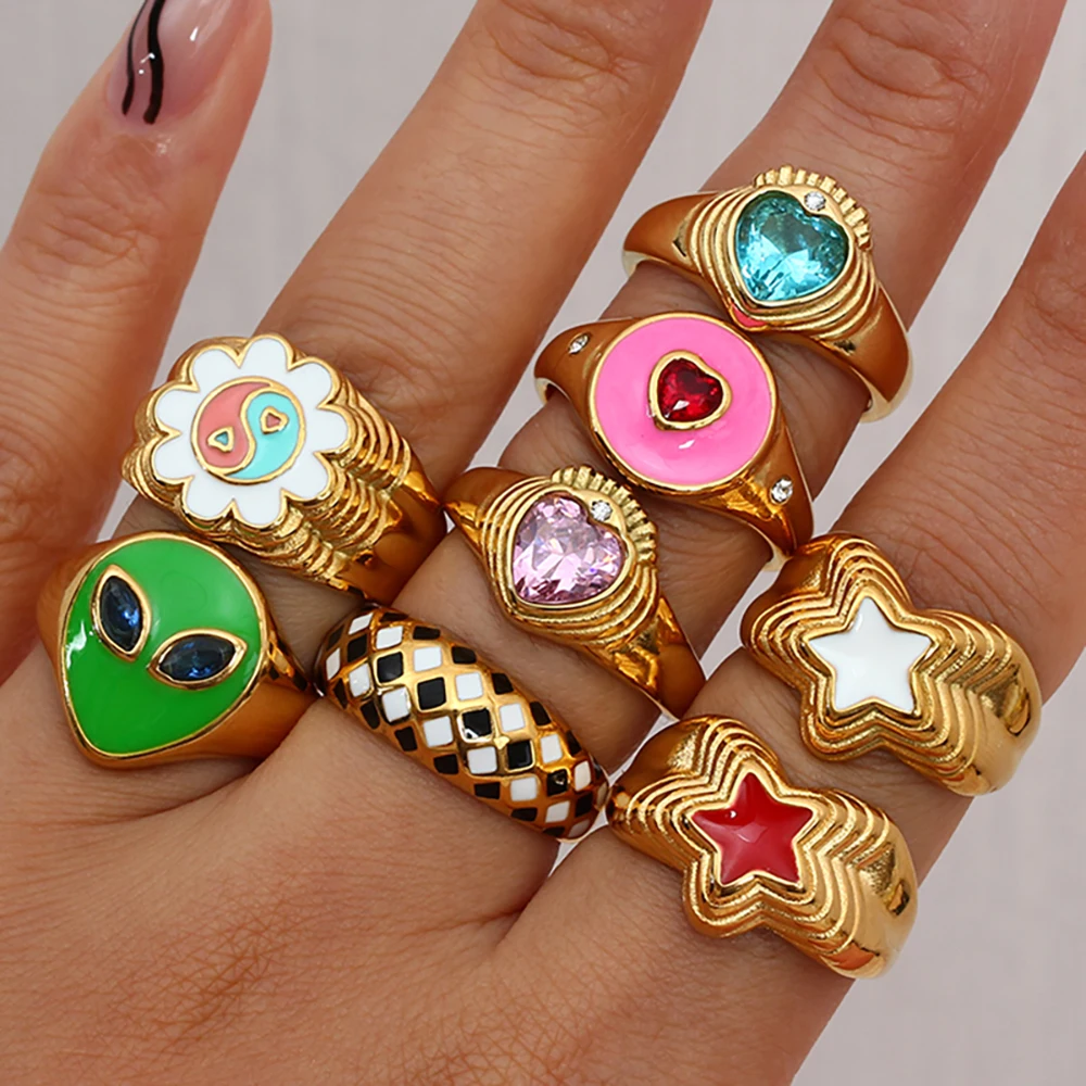 Top Trends: Water Resistant Stainless Steel Ring Flower Yingyang Grid Heart Star Alien Colorful Enamel Stone Rings For Womem Gold Ring Shoppable Styles