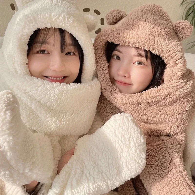 Top Trends: New Cute Bear Ear Hat Scarf Gloves Set Winter Women Beanies Caps Warm Casual Plush Hats Casual Solid Fleece Girl Kawaii Present Shoppable Styles