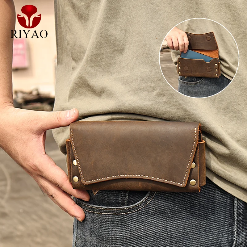 Top Trends: RIYAO Genuine Leather Waist Pack Vintage Dual Layer Phone Bag Pouch Fanny Pack For Men&#039;s Phone Holster Belt Bag Wallet Case Man Shoppable Styles