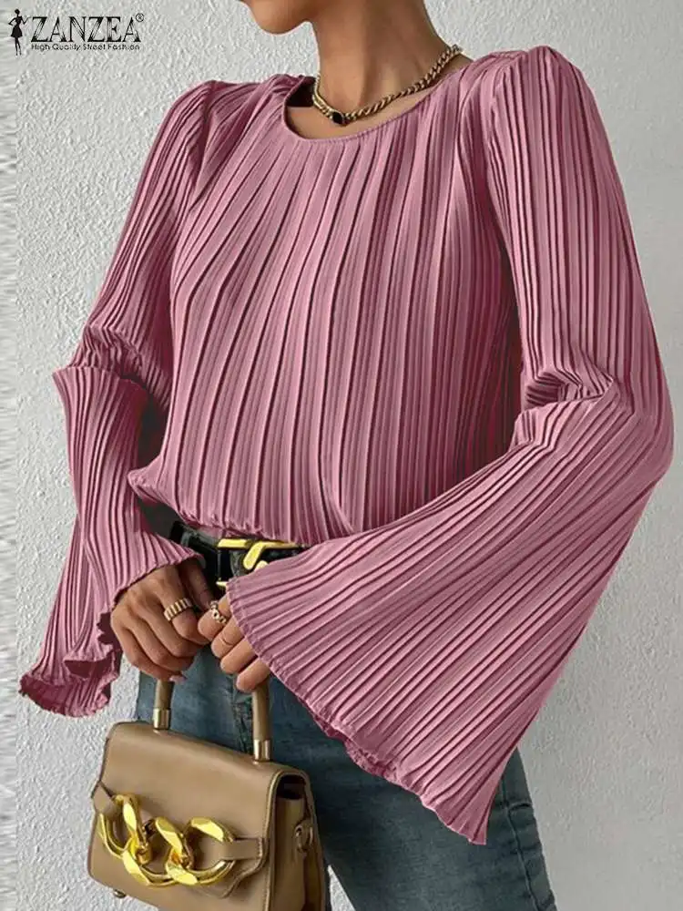 Top Trends: ZANZEA Long Flare Sleeve Blouse Elegant OL Women Autumn Pleated Tops 2023 Fashion Casual Solid Color Shirts Office Ladies Blusas Shoppable Styles