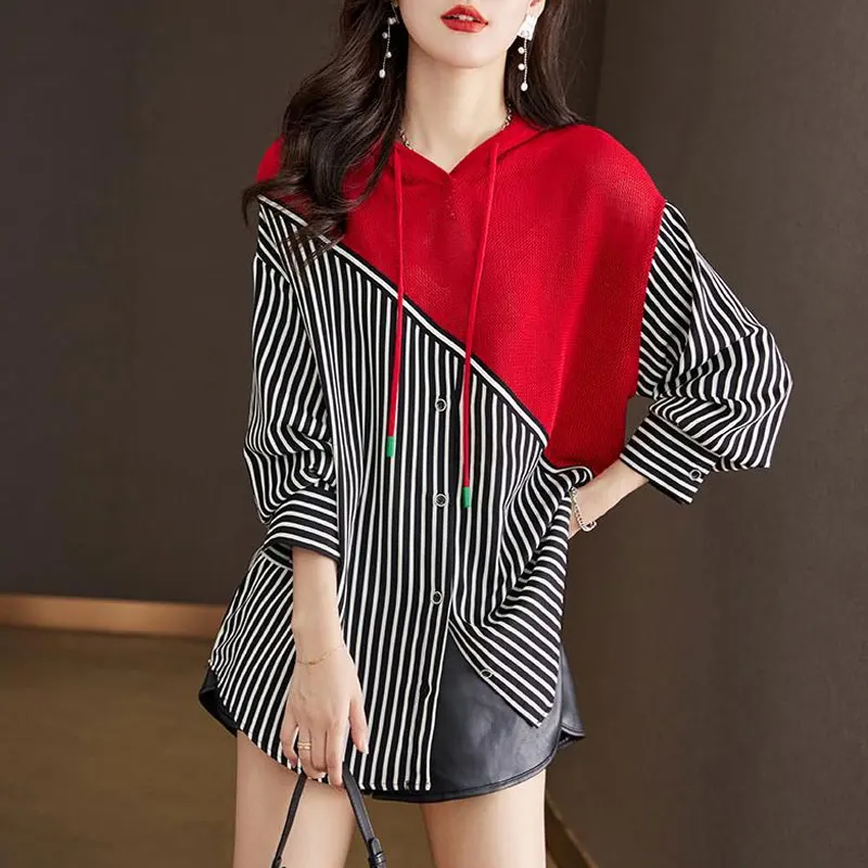 Top Trends: High Street Striped Patchwork Knitted Shirt Female Clothing Hooded Drawstring Spring Autumn Long Sleeve Korean Loose Midi Blouse Shoppable Styles