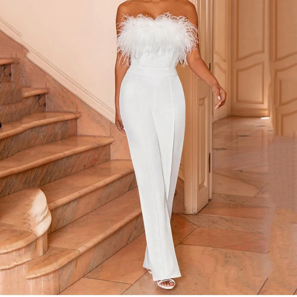 Top Trends: Sexy Elegant Feather Stitching Jumpsuit Women Summer 2022 New Sexy Sleevless Solid Color Pants Off Shoulder Blue Party Jumpsuits Shoppable Styles