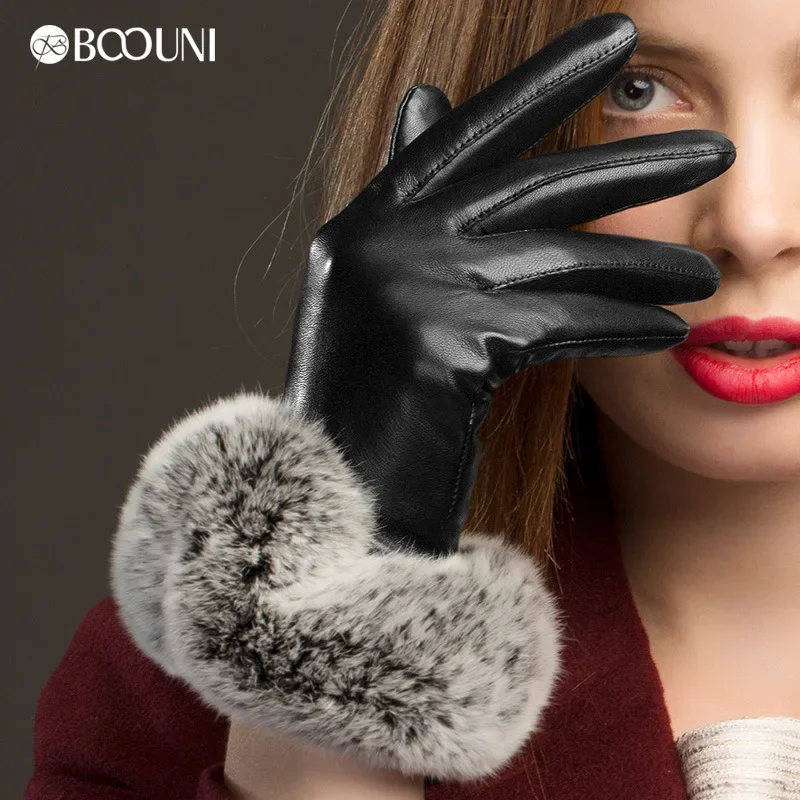 Top Trends: BOOUNI Genuine Leather Gloves Fashion Black Women Sheepskin Glove Wrist Rabbit Hair Thermal Winter Driving Gloves NW769 Shoppable Styles