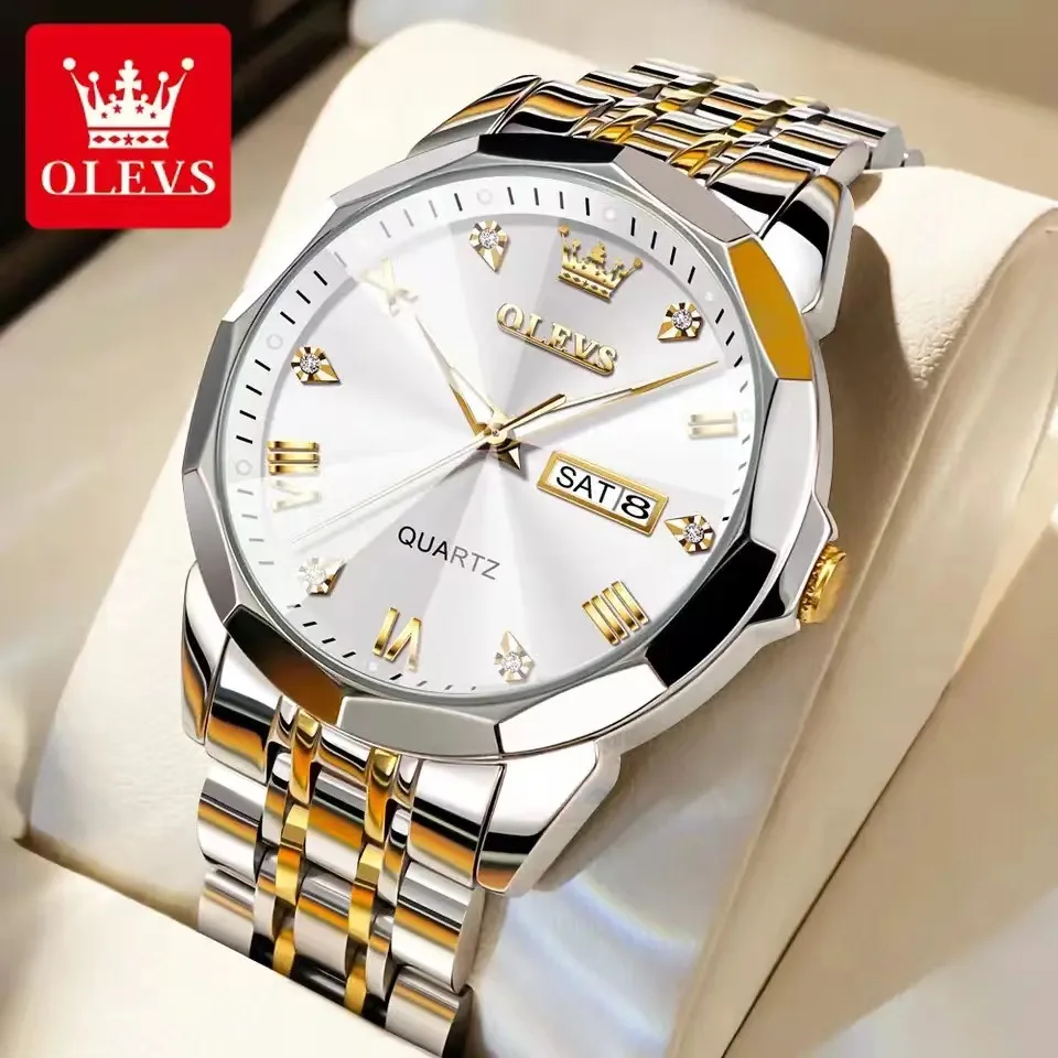 Top Trends: OLEVS Men's Watches Rhombus Mirror Original Quartz Watch For Man Waterproof Luminous Stainless Steel Wristwatch Male Date Week Shoppable Styles - Image 2