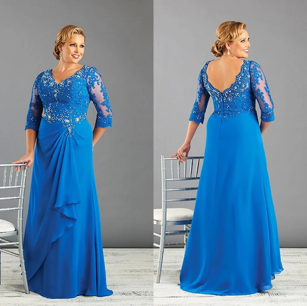 Top Trends: 2022 Blue Plus Size Long Mother Of The Bride Dresses Half Sleeve Chiffon Lace Wedding Mother Dress Guest Party Formal Gowns New Shoppable Styles