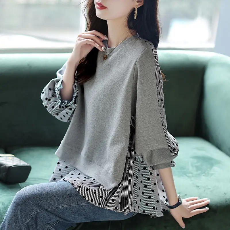 Top Trends: Fashion Printed Button Spliced Polka Dot Asymmetrical Blouse Women&#039;s Clothing 2022 Autumn Casual Pullovers Fake Two Pieces Shirt Shoppable Styles