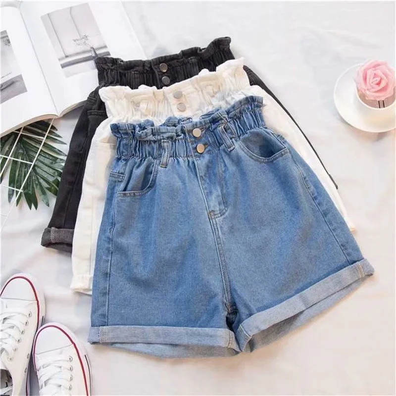 Top Trends: Summer Black Women's Denim Shorts Large Size Harem Ruffle White High Waisted Shorts Elastic Waist Jeans For Women Shoppable Styles