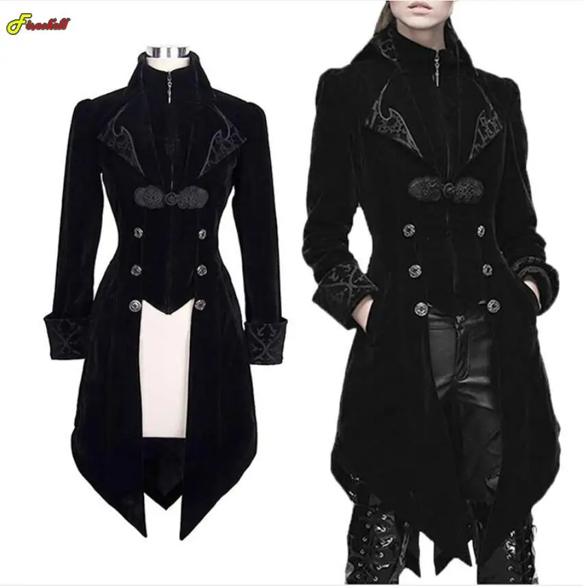 Top Trends: Men Women Halloween Gothic Medieval Steampunk Dress Cosplay Costume Velet Stand Collar Tailcoat Vampire Stage Jacket Clothing Shoppable Styles