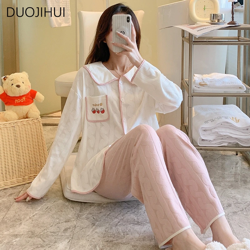 Top Trends: DUOJIHUI Autumn Two Piece Sweet Loose Female Pajamas Set Chic Button Cardigan Simple Pant Fashion Casual Home Pajamas For Women Shoppable Styles