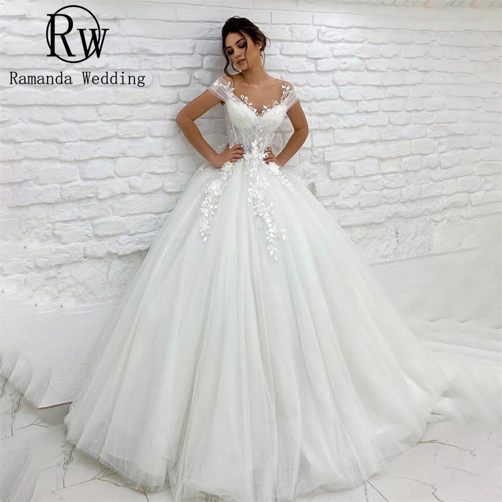 Top Trends: Ramanda Lace Appliques Tulle Princess Wedding Dress Flowers Sheer Neck Ball Gown Cap Sleeves Bridal Gowns Shoppable Styles