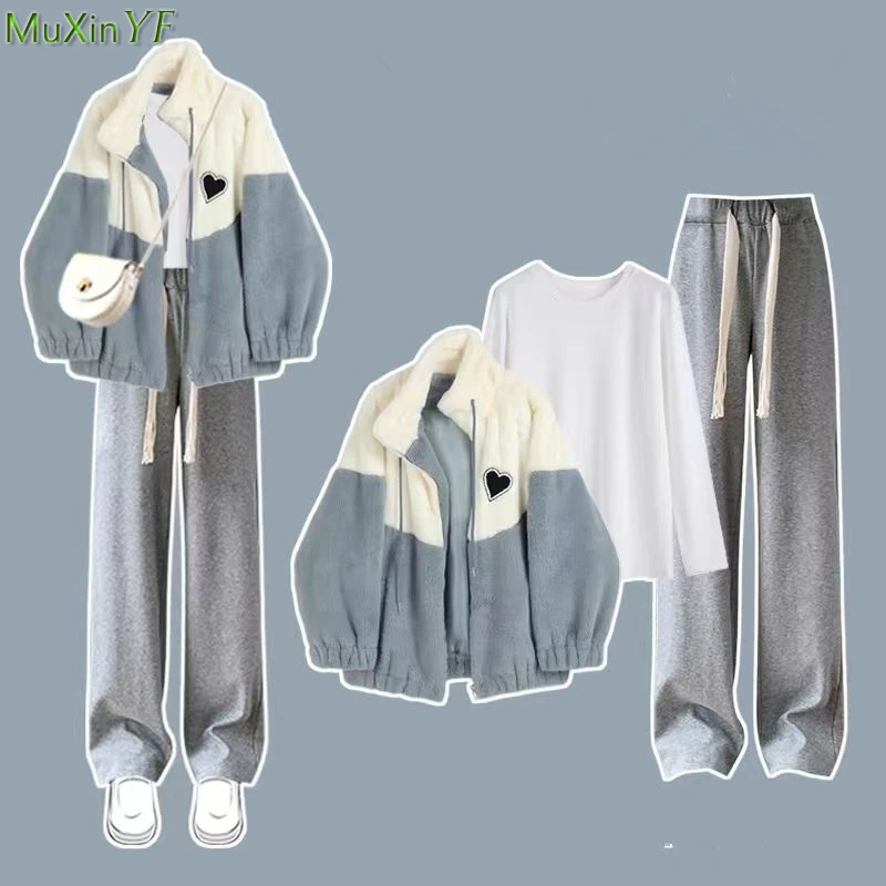 Top Trends: Autumn Winter Women Lamb Plush Jacket White T Shirt Wide Leg Pants 1 Or 3 Piece Set Korean Lady Casual Heart Patchwork Coat Suit Shoppable Styles