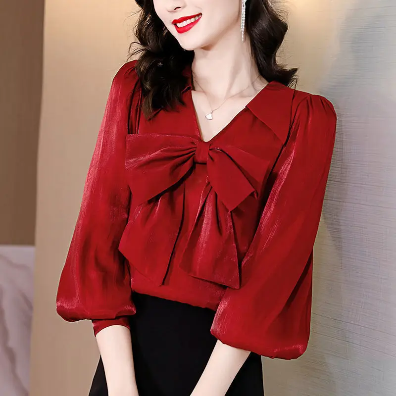 Top Trends: Elegant Fashion Bow Lantern Long Sleeve Shirt Woman Clothing 2022 Spring New Office Lady V-Neck Loose Oversized Commuter Blouse Shoppable Styles