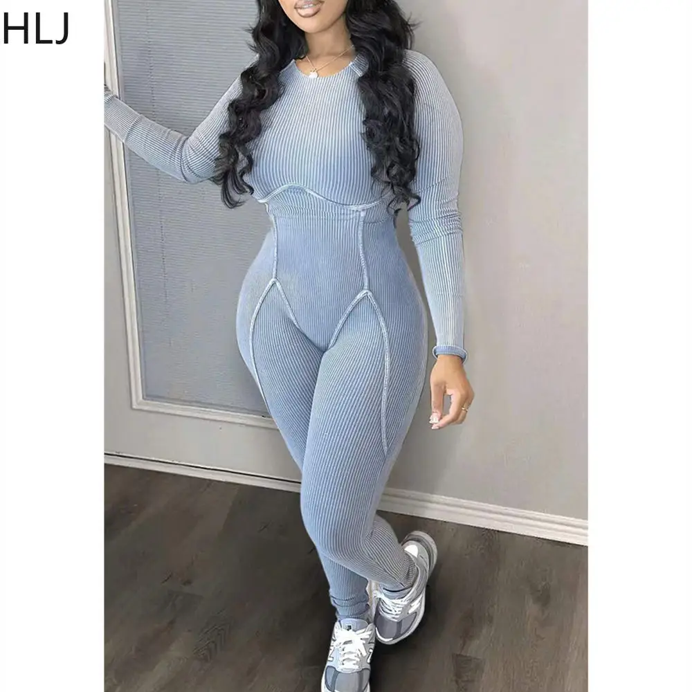 Top Trends: HLJ Gray Casual Solid Stitching Legging Pants Jumpsuits Women Round Neck Long Sleeve Bodycon Playsuits Female Sporty Overalls Shoppable Styles