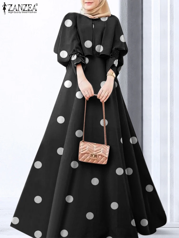 Top Trends: ZANZEA Muslim Abayas Islamic Dress Women O-Neck Polka Dots Print Full Sleeve Maxi Robe Bohemian Fashion Casual Elegant Sundress Shoppable Styles