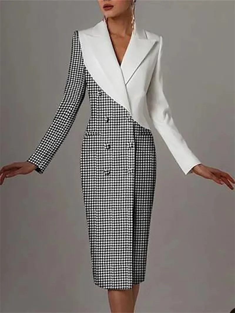 Top Trends: Formal Houndstooth Women Suit Long Blazer Prom Dress Splicing Color Office Double Breasted Evening Gown Customize Jacket Coat Shoppable Styles