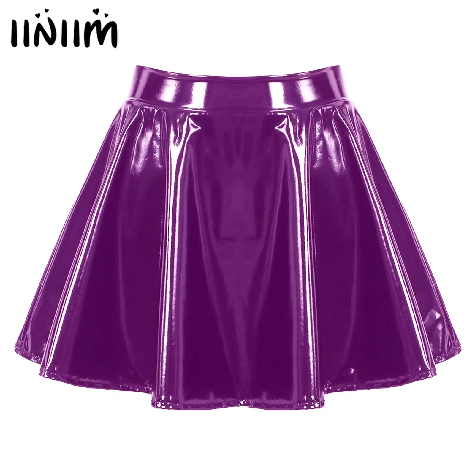 Top Trends: Womens Glossy Patent Leather Flared Miniskirt Dance Performance Invisible Zipper A-Line Mini Skirts Clubwear Cosplay Costume Shoppable Styles