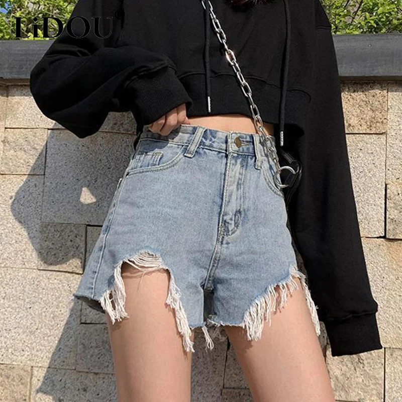 Top Trends: Summer Streetwear Y2K Trend Fashion Wide Leg Hole Short Jeans Female High Waist All-match A-line Denim Shorts Women&#039;s Clothing Shoppable Styles