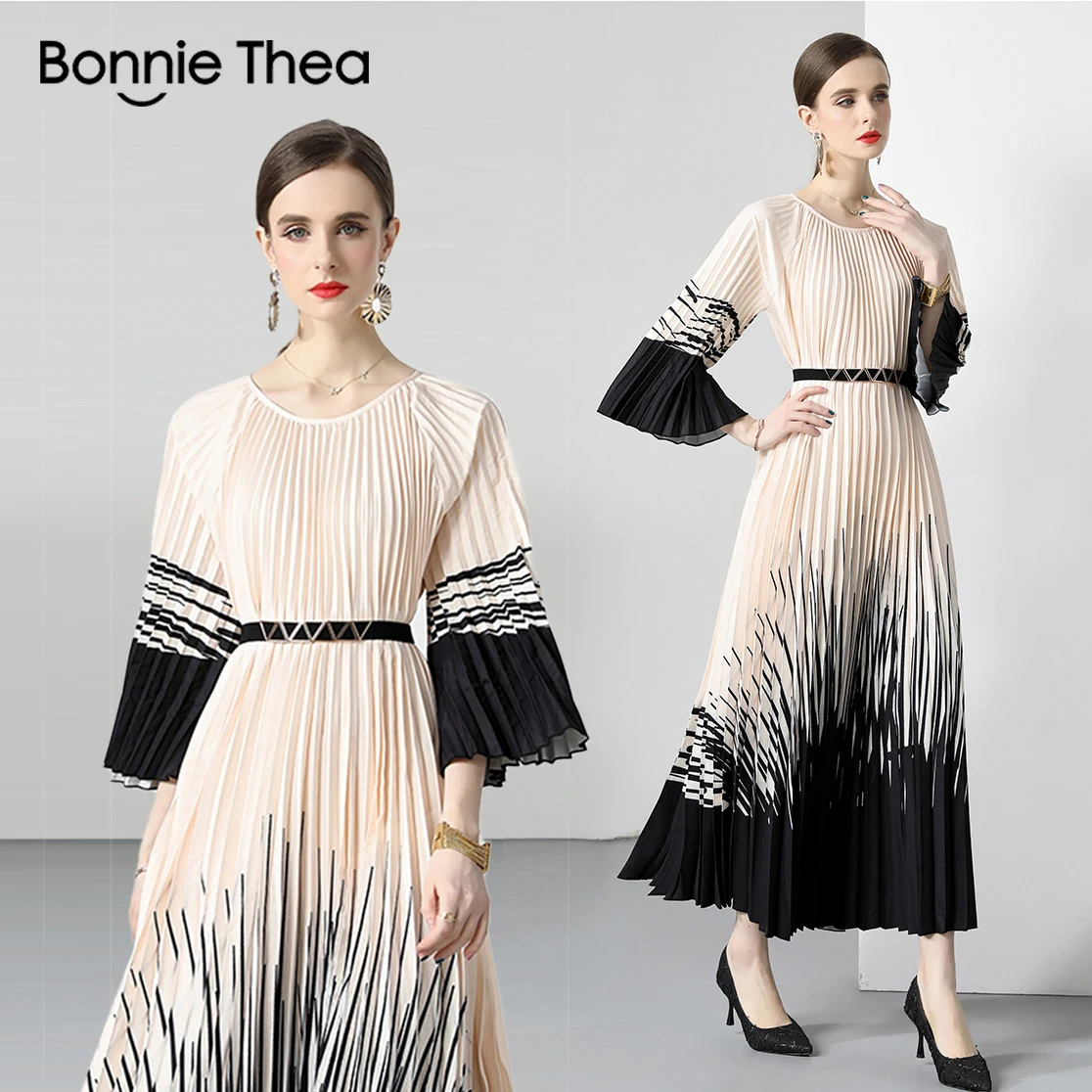 Top Trends: Miyake New Summer Pleated Long Dress Women O-Neck Lace-up Belt Print Loose Large Size Vintage Party Vestidos Maxi Dress 2023 Shoppable Styles