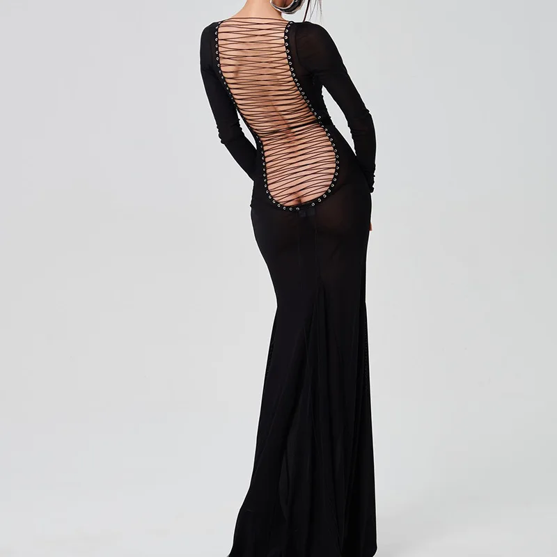 Top Trends: Mesh Black Long Sleeve Backless See Through Sheer Sexy Slim Bodycon Maxi Dress 2023 Summer Women Beach Nightclub Outfit Shoppable Styles