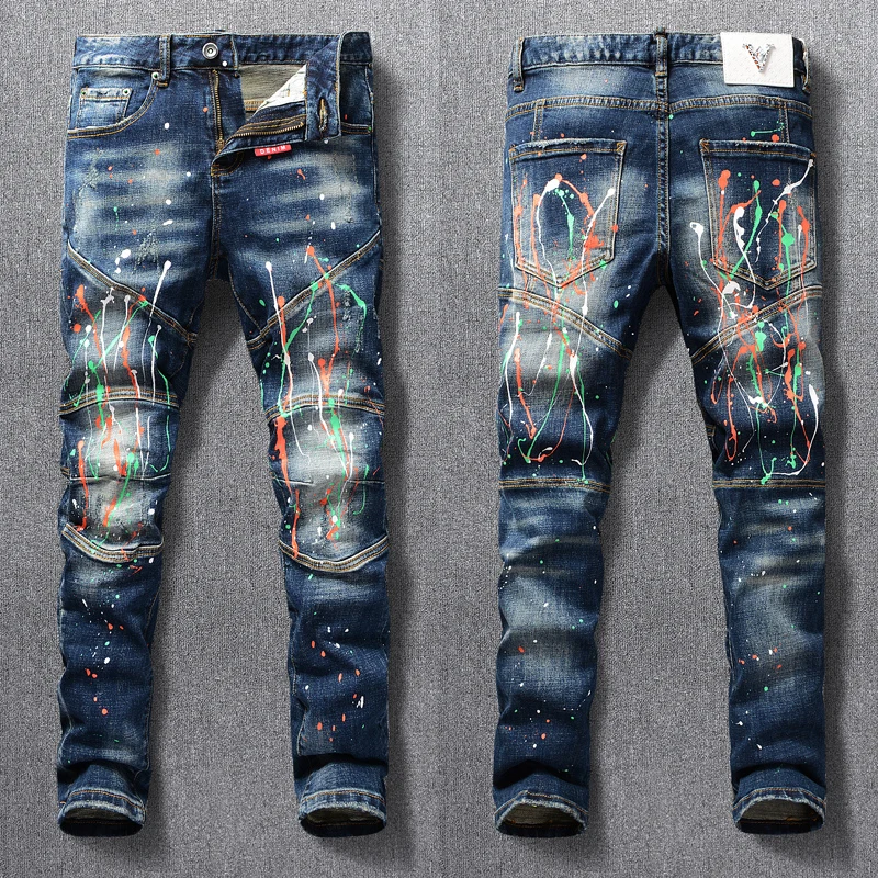 Top Trends: Street Fashion Men Jeans Retro Blue Stretch Slim Fit Painted Ripped Jeans Men Spliced Designer Hip Hop Denim Biker Pants Hombre Shoppable Styles