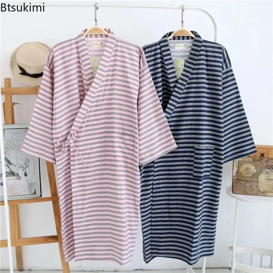 Top Trends: 2024 Men's Summer 100% Cotton Double Gauze Striped Couple Bathrobe Thin Nightgown Mens Robes Sleepwear Dressing Gown Kimono Robe Shoppable Styles