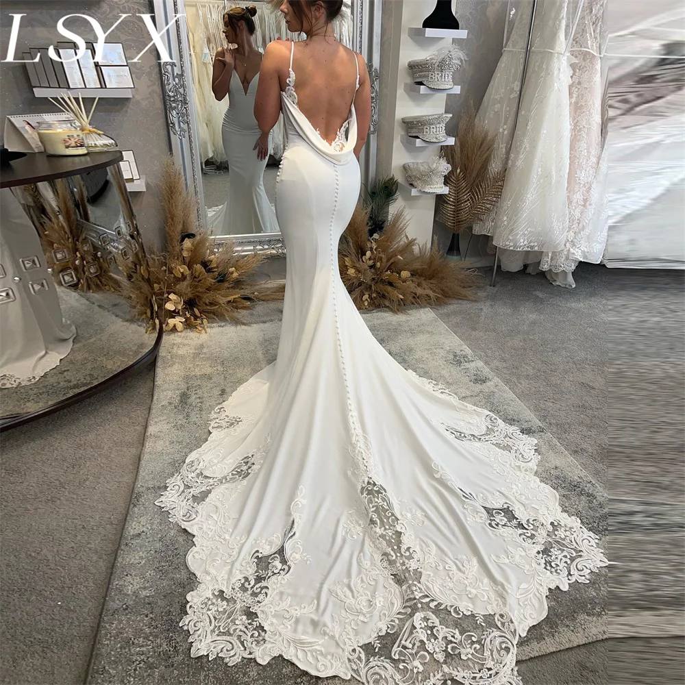 Top Trends: LSYX Deep V-Neck Sleeveless Crepe Mermaid White Wedding Dress 2024 Spaghetti Straps Backless Lace Bridal Gown Custom Made Shoppable Styles