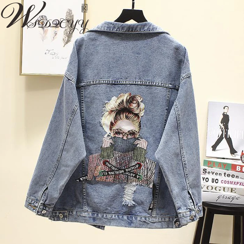 Top Trends: Women Print Frayed Beading Denim Jacket 2023 Korean Fashion Long Sleeve Harajuku Coat Plus Size Turn Down Collar Jean Outwear Shoppable Styles