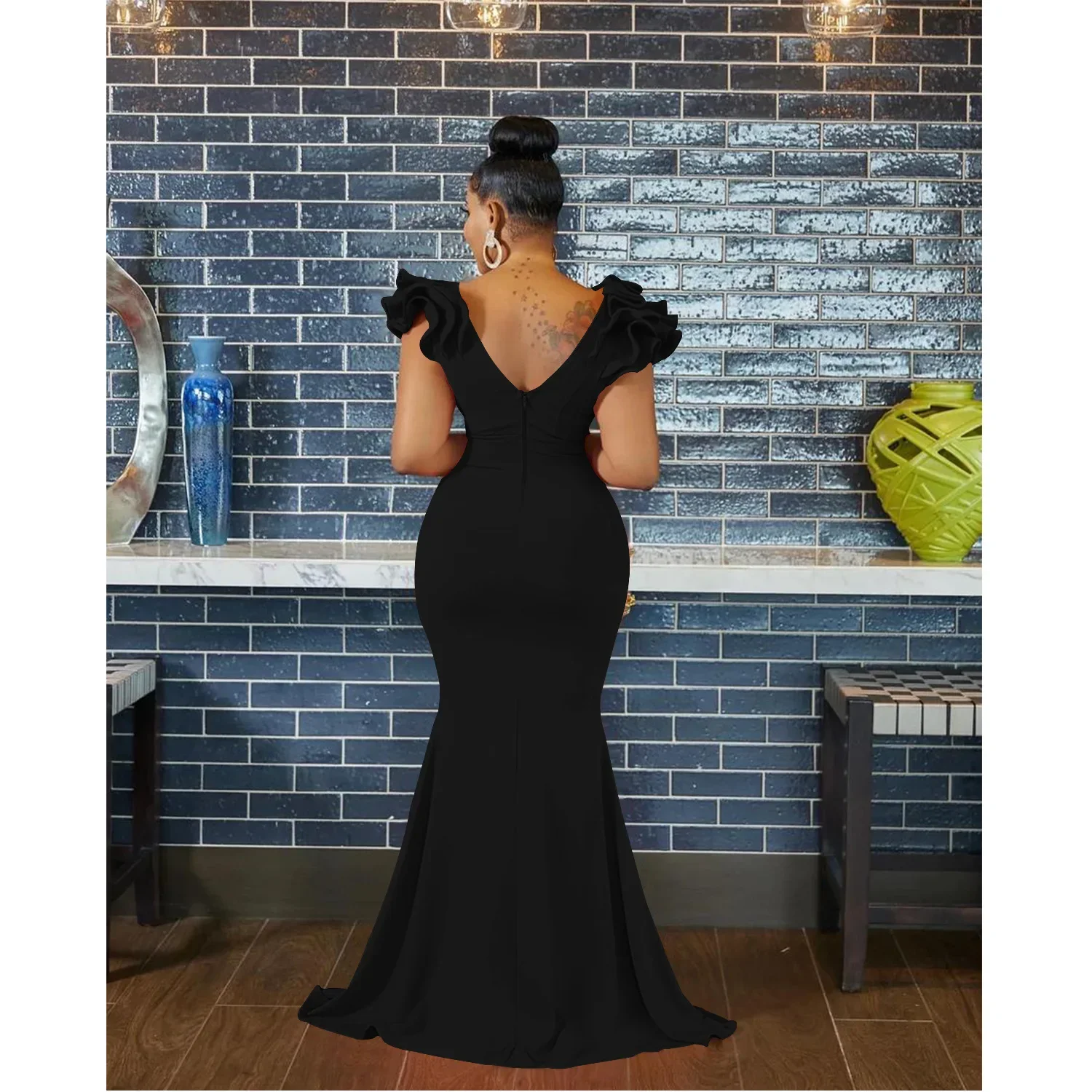 Top Trends: Autumn Fashion Sexy Party Dress Women Elegant Deep V-Neck Petal Sleeve Slim Fishtail Floor Length Evening Dress Women Shoppable Styles - Image 6