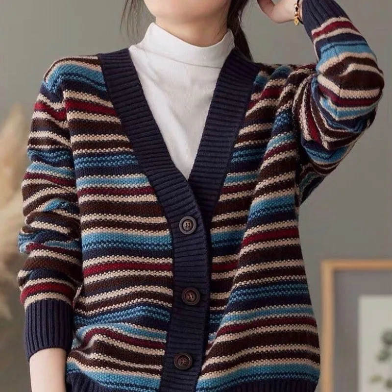 Top Trends: Autumn Winter New Korean Simple Versatile Cardigan Sweater Women Contrast V-neck Button Design Knitted Coat Long Sleeve Top 2023 Shoppable Styles