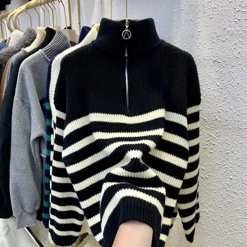 Top Trends: Autumn Winter Turtleneck Sweaters Striped Zipper Spliced Color Jumpers Pullovers Long Sleeve Slim Knitted Female Office Lady Shoppable Styles