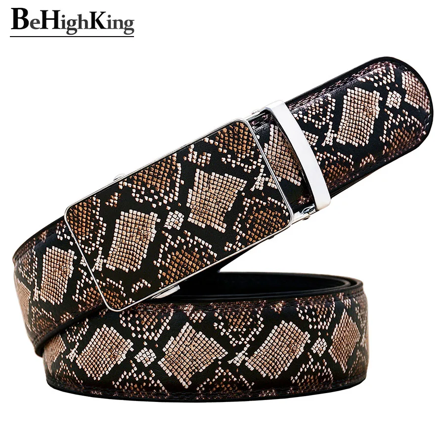 Top Trends: Casual Genuine Leather Belts Unisex Luxury Simulated Khaki Fine Scale Snake Print Automatic Buckle Cowskin Waist Strap For Gift Shoppable Styles