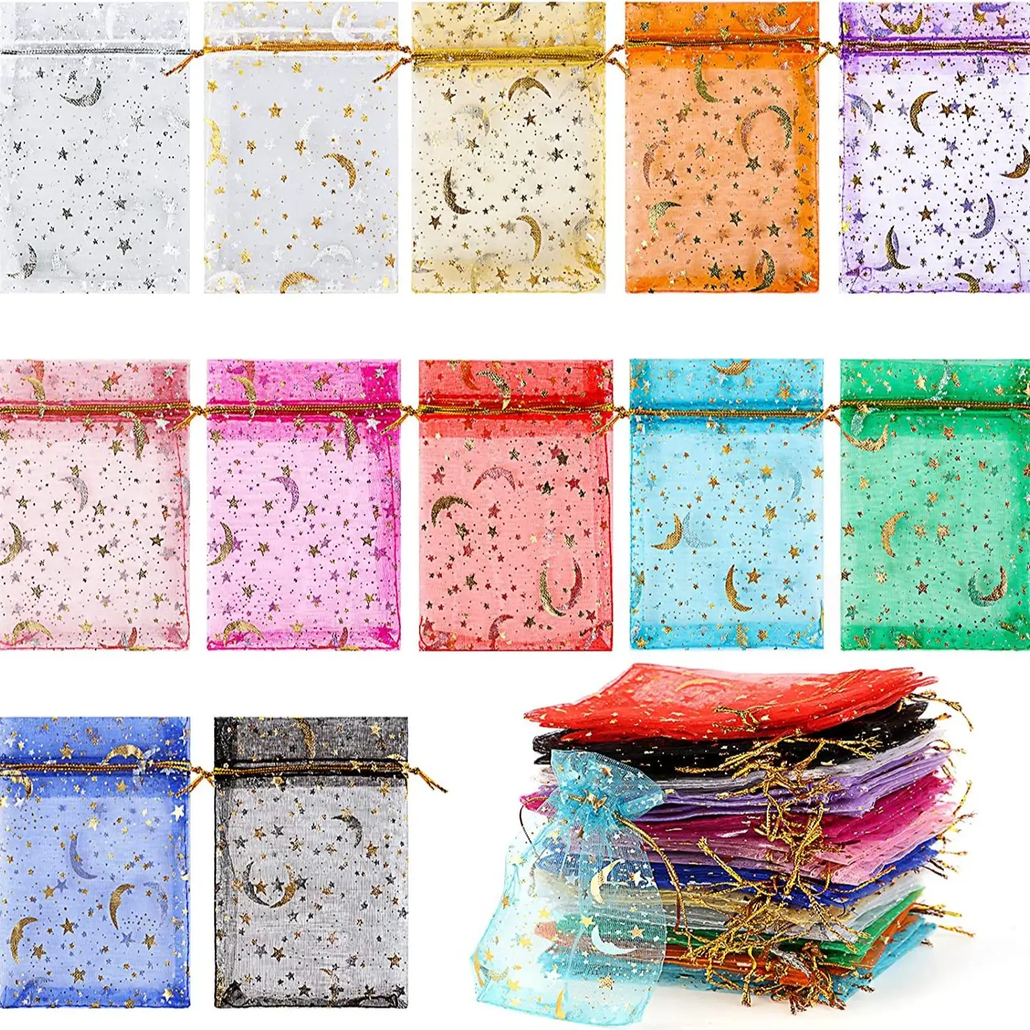 Top Trends: 50pcs 9x12cm 11x16cm 13x18cm 17x23cm Mixed Gold Moon Star Adjustable Drawstring Pouch Bags For Wedding Gifts Organza Jewelry Shoppable Styles