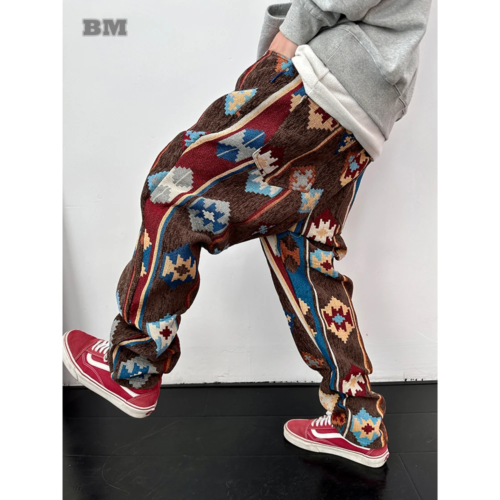 Top Trends: American Streetwear Geometric Pattern Casual Pants Men Clothing Ethnic Style Jacquard Cargo Trousers Harajuku High Quality Pants Shoppable Styles