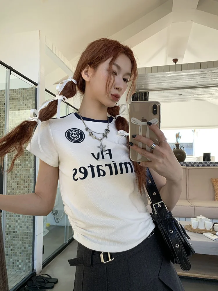 Top Trends: HOUZHOU Kpop Y2K White Tshirts Women Crop Tops Hippie Harajuku Vintage Streetwear Letter Drawstring Short Sleeve Tee New Female Shoppable Styles