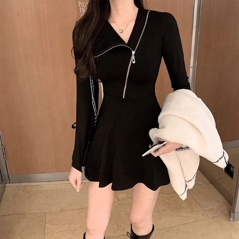 Top Trends: 2023 New Spring And Autumn Fashion Design Feel Sweet And Spicy Irregular Zipper Collar Slim Fit Solid Color Women's A-line Dress Shoppable Styles