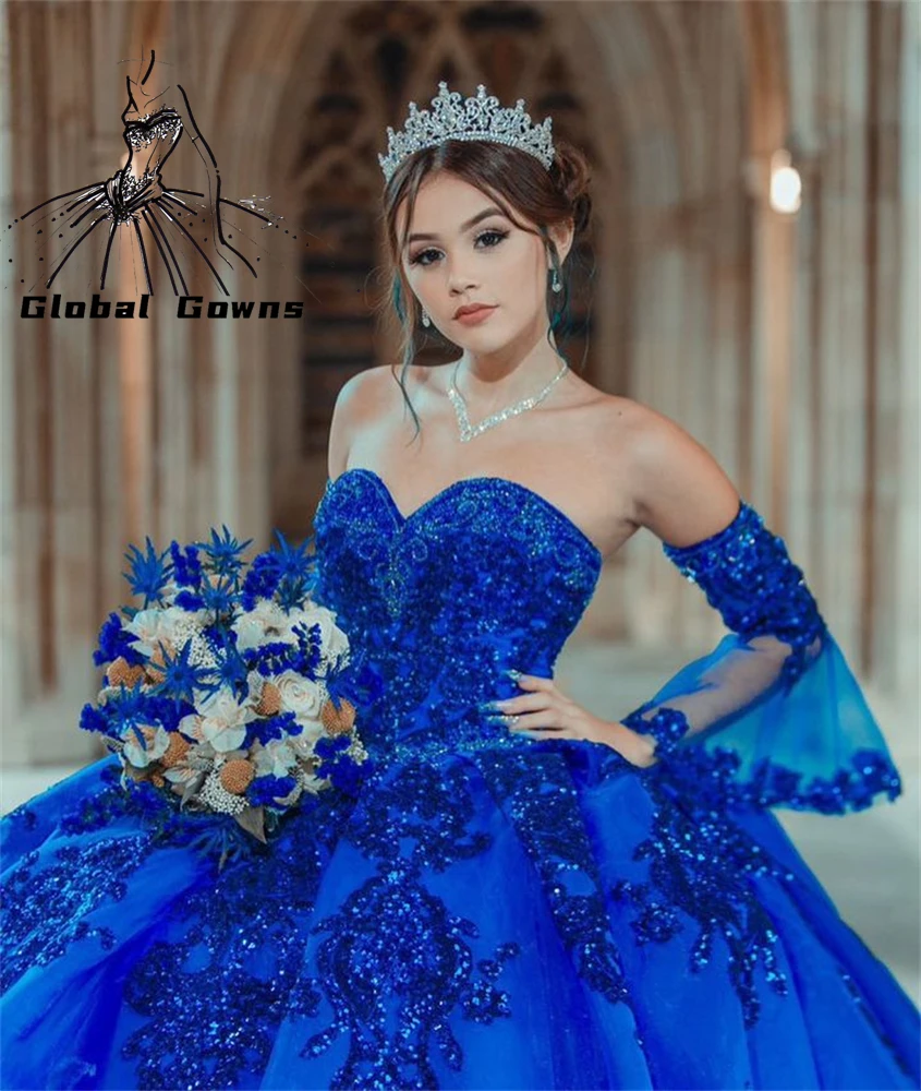 Top Trends: Mexico Royal Blue Sweetheart Ball Gown Quinceanera Dress Sequin Birthday Party Gowns With Sleeve Sweet 16 Robe De Bal Shoppable Styles