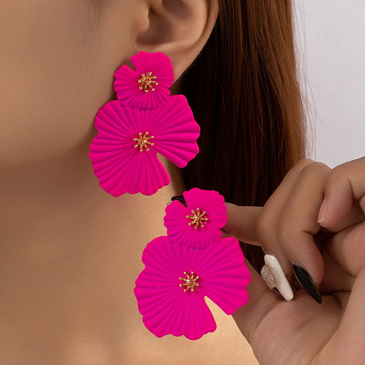 Top Trends: Fashion Big Flower Drop Earrings For Women Wedding New Trendy Long Fushsia Double Layer Enamel Floral Crystal Stud Earring Shoppable Styles - Image 3