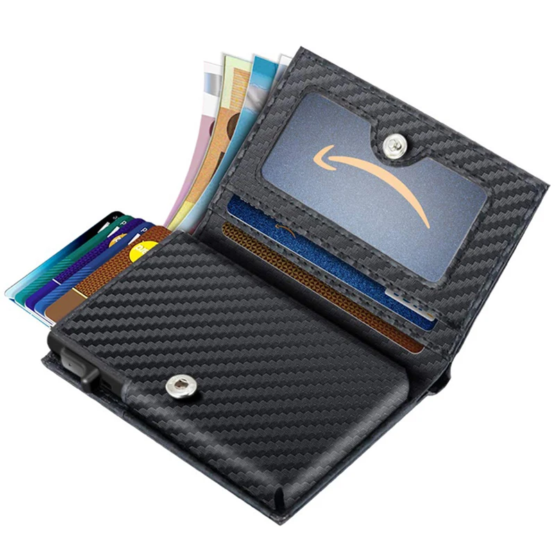 Top Trends: Men Credit Card Holder Slim Fit Pop Up Metal Wallet With RFID Blocking Minimalist Carbon Fiber Leather Wallet Shoppable Styles