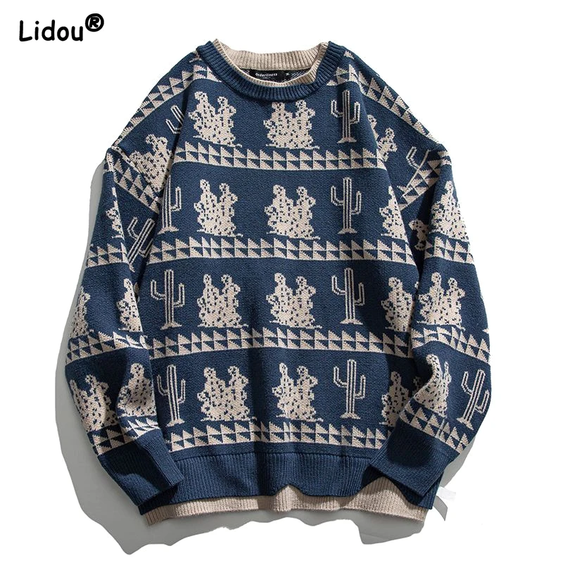 Top Trends: 2023 New Autumn And Winter Retro Art Round Neck Printed Loose Leisure Fashion Versatile Thick Warm Knitted Pullover Sweater Shoppable Styles