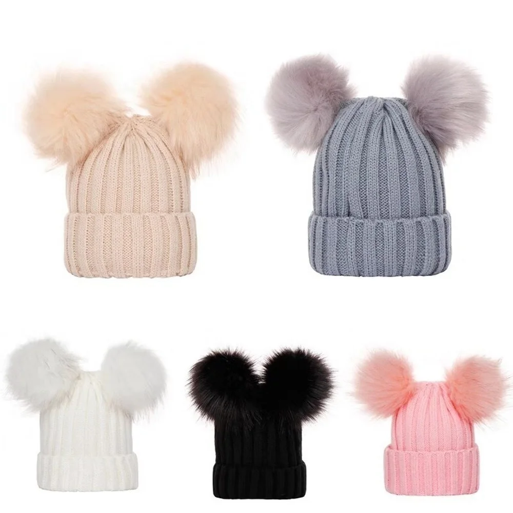 Top Trends: Children's Winter Warm Knitted Beanie Hat For Girls Double Pompom Baby Hats Solid Warm Cute Furry Balls Bonnet Cap Kids Gifts Shoppable Styles - Image 3