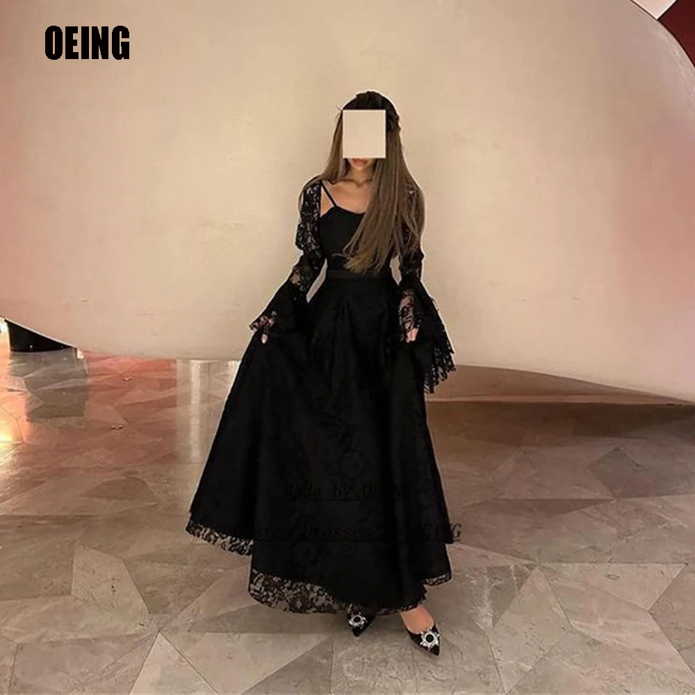 Top Trends: OEING Black Lace Spaghetti Short Prom Dresses Sweetheart Lace Sleeves A Line Saudi Arabic Club Party Evening Gowns Occasion Shoppable Styles