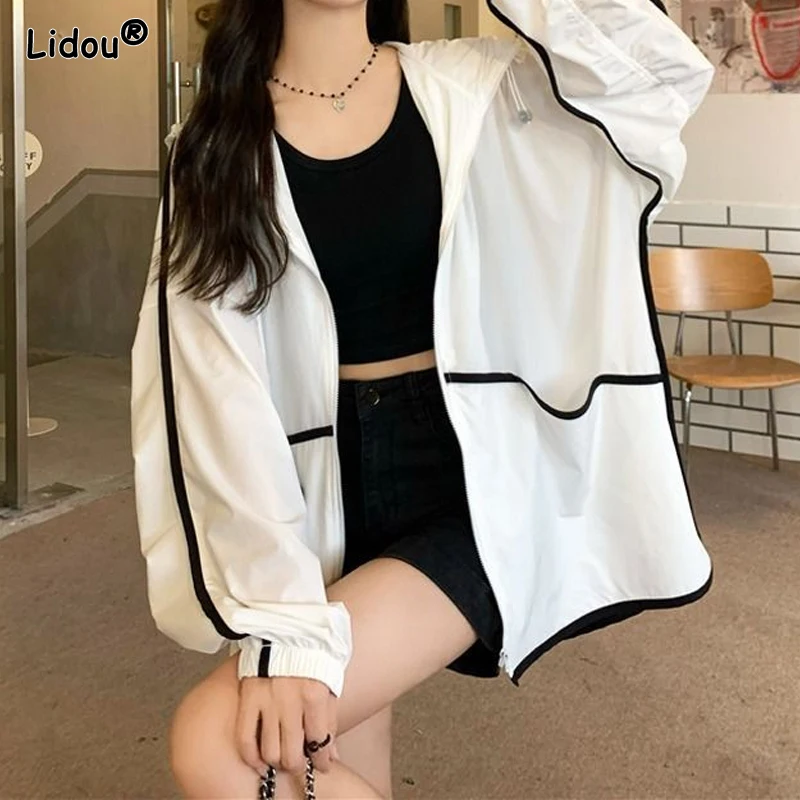 Top Trends: Pockets Patchwork Solid Color Handsome Hooded Loose Fashion Casual Korean Jackets Spring Summer Thin Women's Clothing Streetwear Shoppable Styles