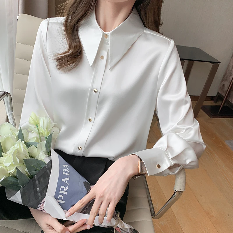 Top Trends: Korean Silk Women Shirts Satin Blouses Women Long Sleeve Shirts Tops Woman Silk Shirt Tops Woman Peter Pan Collar Satin Blouses Shoppable Styles